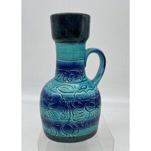 MCM Japan Turquoise & Cobalt Blue Floral Ceramic Pitcher Vase 7.5" With Handle